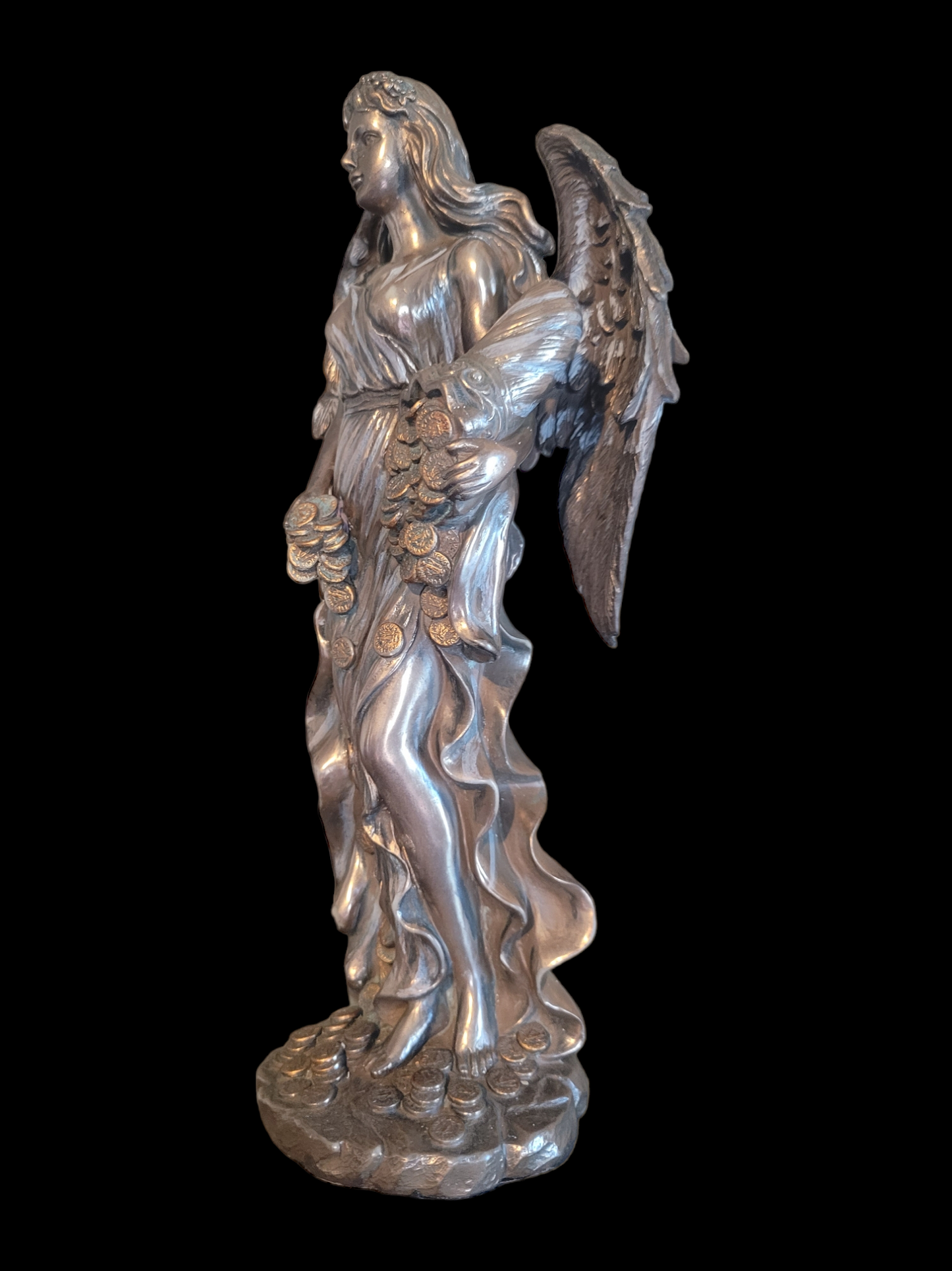 Roman Greek Goddess Fortuna with Bountiful Gold Coins Statue Figurine